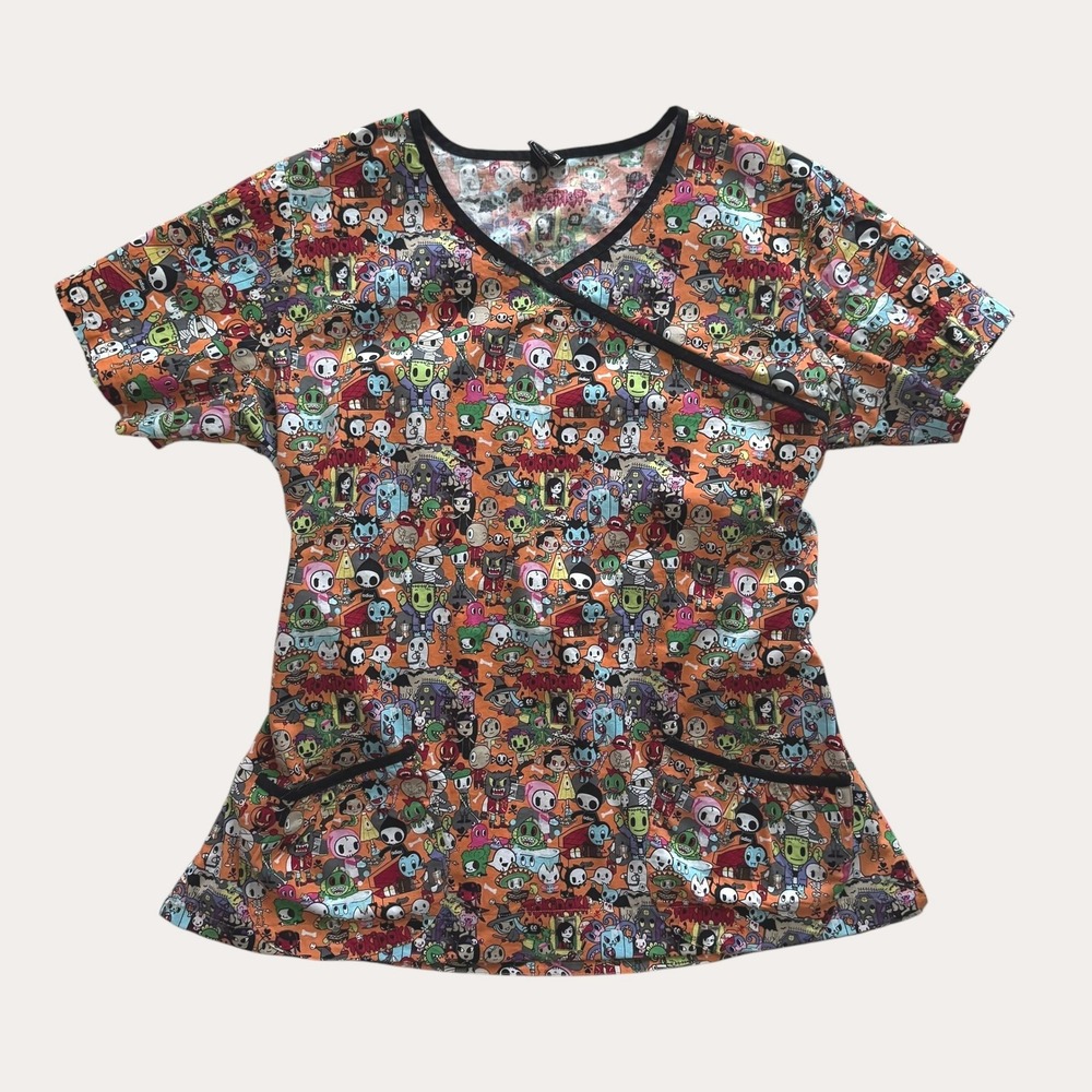 Tokidoki Koi Halloween Scrub Top Orange kawaii Print 2X Halloween spooktacular